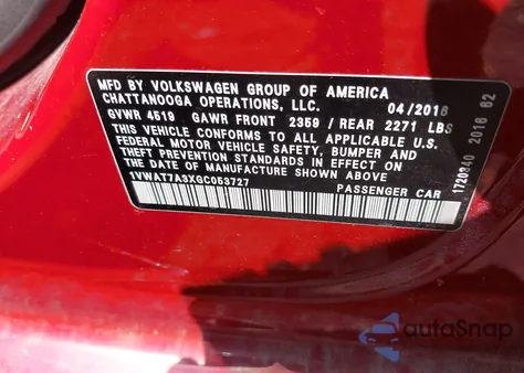 2016 Volkswagen Passat 1.8T S from USA, damaged, VIN 1VWAT7A3XGC053727